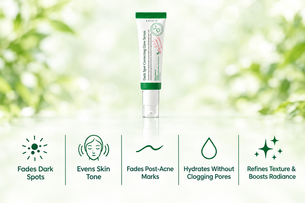 AXIS-Y premium benefit infographic with tube above five clearly separated skincare benefit blocks