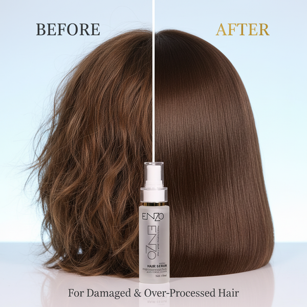 Before/After — Damaged vs. Repaired Hair with ENZO Bottle