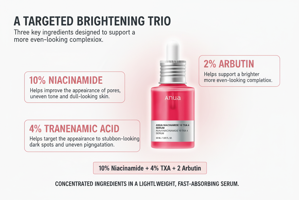 Ingredients banner: three percentage callouts for niacinamide, tranexamic acid, and arbutin around the pink serum bottle