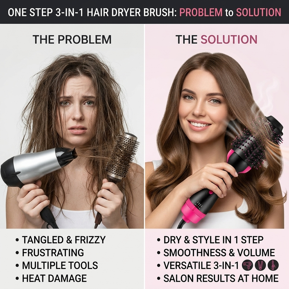 One Step 3-in-1 Hair Dryer Brush – Hot Air Styler, Straightener & Curler