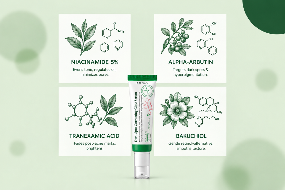 Sage-green AXIS-Y ingredient infographic with four white ingredient tiles and the serum tube below