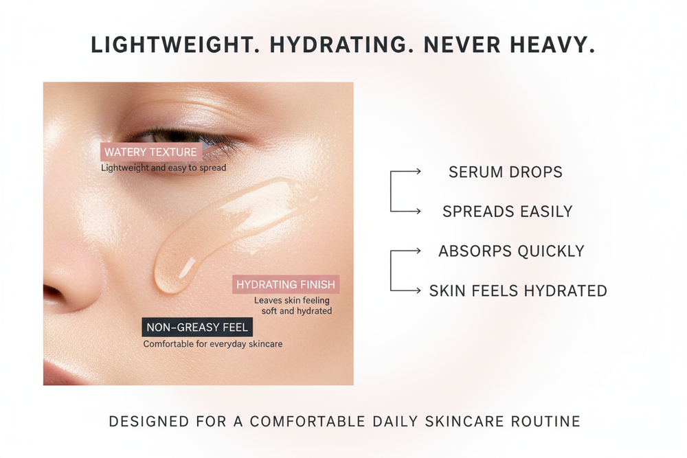Sensory banner: serum drop spreading on skin with arrows showing it drops, spreads, absorbs, and hydrates