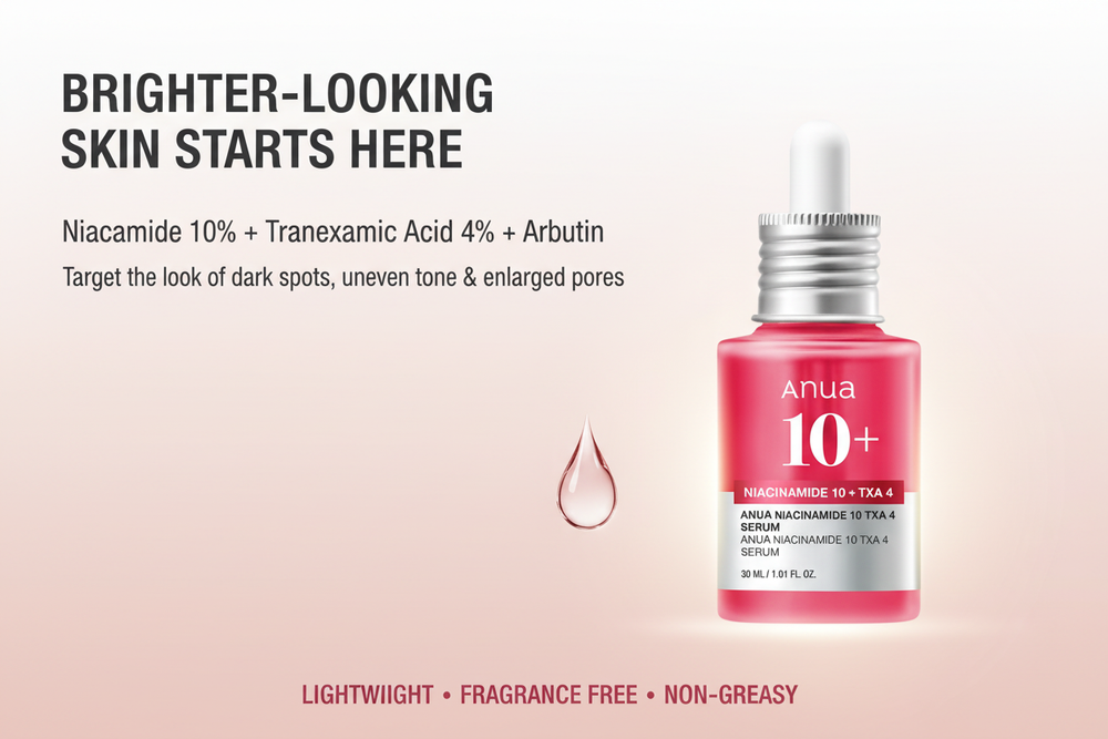 Serum banner: bright pink serum bottle with headline "Brighter-looking skin starts here"