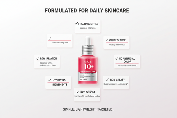 Trust banner: pink serum bottle centered with six check badges for fragrance free, cruelty free, low irritation, no artificial color, non-greasy, and hydrating ingredients